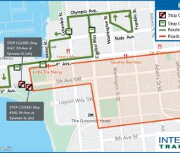 Routes 12 and 42 on detour due to road closures in downtown Olympia for Arts Walk events.