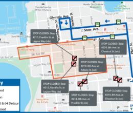 Routes 60 and 64 on detour in downtown Olympia due to road closures for Arts Walk events.