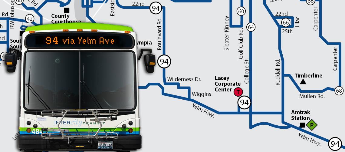 Bus traveling on route 94 with route map in background