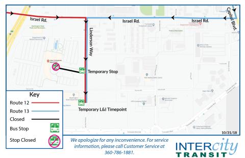 Temporary stops on Linderson Way due to construction at the Labor & Industries building.