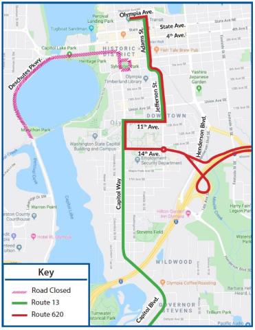 Routes 13 and 620 will be on detour due to the closure of Deschutes Parkway for a parade.