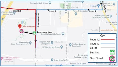 Routes 12 and 13 on detour in Tumwater due to the closure of the front entrance at L&I.