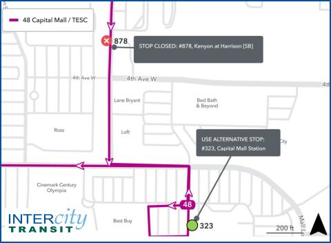 Bus stop # 878 is closed for construction. Please use nearby stop #323.