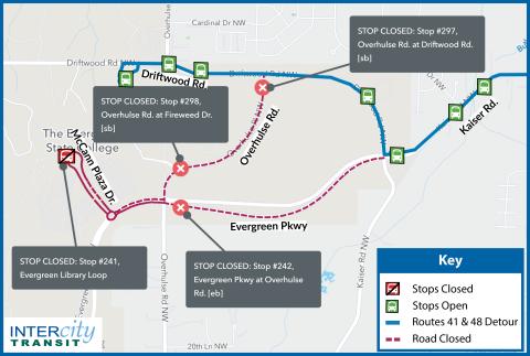 Routes 41 and 48 on detour due to the closure of Library Loop, Overhulse Place, and Evergreen Parkway.