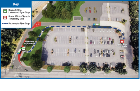 Overhead view of Martin Way Park & Ride with flyer stop and temp stop identified