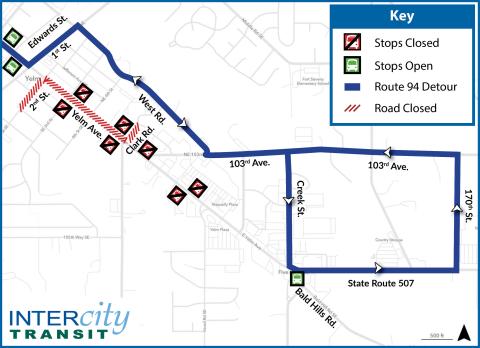 Map of Route 94 detour for Yelm Prairie Days. 7 stops along Yelm Ave. closed