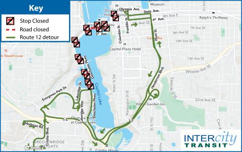 Route 12 will be on detour due to the closure of 5th Ave. between Deschutes Parkway and Simmons St.