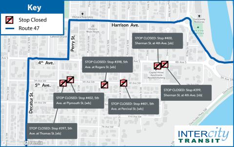 Route 47 on detour due to construction on the west end of the 4th Avenue bridge going up the 4th Avenue hill.