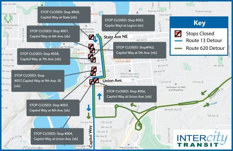 Routes 13 and 620 detour map