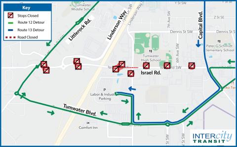 Routes 12 and 13 on detour due to the closure the Israel Rd. and Linderson Way intersection for paving.