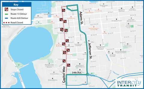 Map of Route 620 and Route 13 closure along Capitol Way