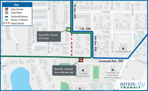 Map of Routes 12 and 68 detour on 12/11 from 8 a.m. to 3 p.m. 