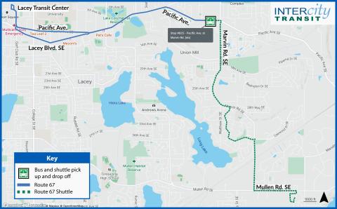 Map showing area to be served by shuttle on Route 67 starting May 1