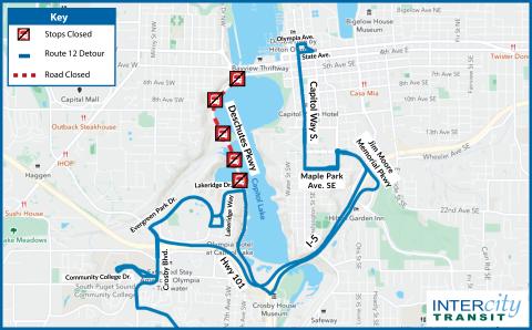 Map of Route 12 and 42 detour
