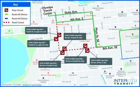 Map of Routes 60 and 64 detour for Arts Walk 