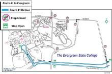 Route 41 detour map due to closure of Evergreen's Dorm Loop, Overhulse Place, Driftwood Road, and Evergreen Parkway.