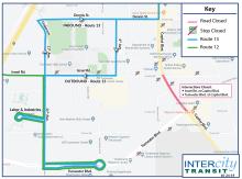 Routes 12 and 13 on detour due to closure of intersections at Capitol Blvd./Tumwater Blvd. and Capitol Blvd./Israel Rd.