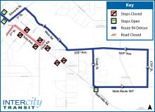 Route 94 on detour due to closure of Yelm Ave. between 2nd St. and Clark Rd.