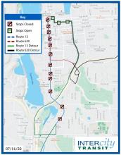 Routes 13 and 620 are on detour due to road closures for the Olympia Lakefair Parade.