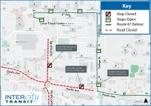 Map of inbound Route 67 detour on Oct. 6