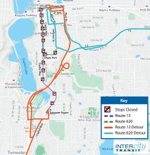 Stops closed and detour routing during 