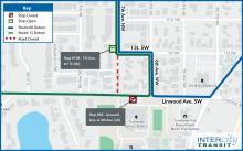 Map of Routes 12 and 68 detour on 12/11 from 8 a.m. to 3 p.m. 