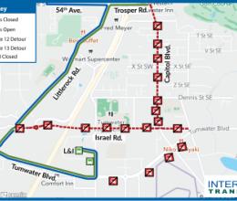 Map of Routes 12 and 13 detour for Tumwater 4th of July parade