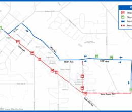 Route 94 detour routing and stop closures during Yelm Christmas in the Park parade.