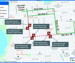 Map of Routes 60 and 64 detour for Arts Walk 